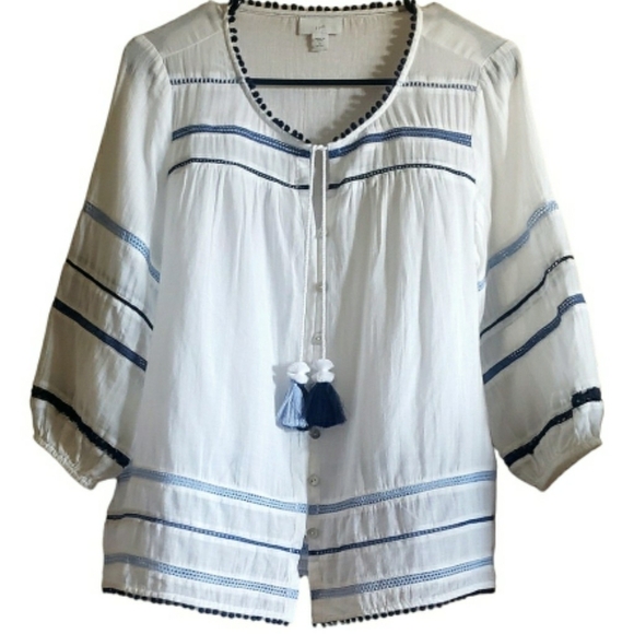 J. Jill Top White XS Peasant Bohemian Gypsy Mother of Pearl Buttoned Pullover - Picture 1 of 14